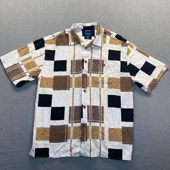 Trust‎ Men's Button Up Shirt Color Block Brown Linen Short Sleeve Size XL Linen - Picture 1 of 9